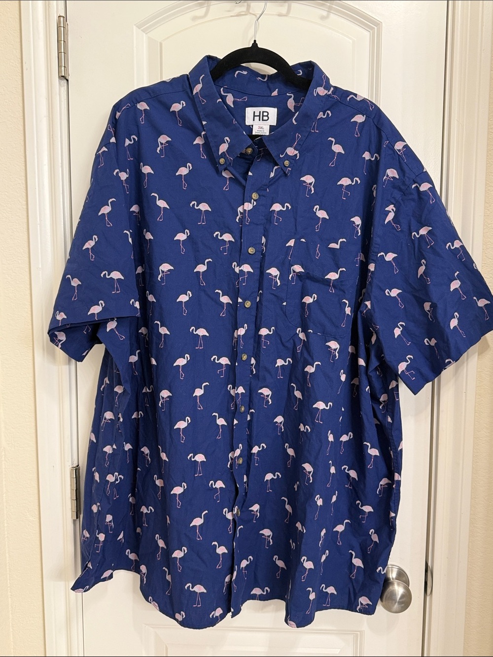 Harbor Bay Navy Blue Short-Sleeve Button-Down Shirt with Pink Flamingo Print